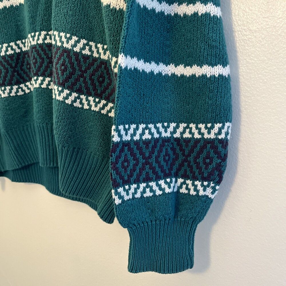 IZOD Vintage 80s Aztec Cotton Striped Grandpa Knit V Neck Sweater, Teal- Med. - Picture 4 of 9